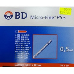 Strzykawka 0,5 ml insulinowa U100 BD Micro-Fine Plus z igłą 30G 0,3 x 8 100 szt