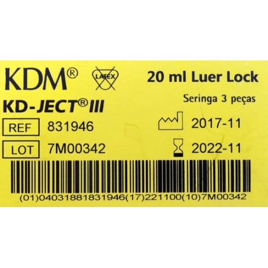 Strzykawka 20 ml 3-częściowa luer lock KD-JECT III 100 szt